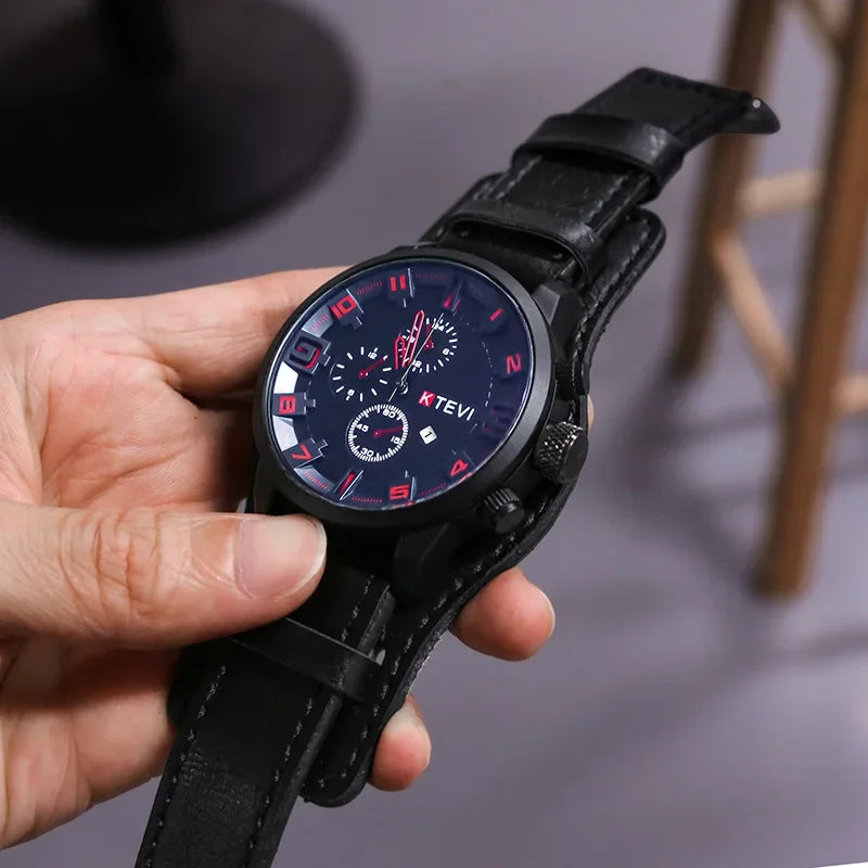 Retro Military Leather Watch for Men Big Dial Quartz Business Wristwatch with Calendar