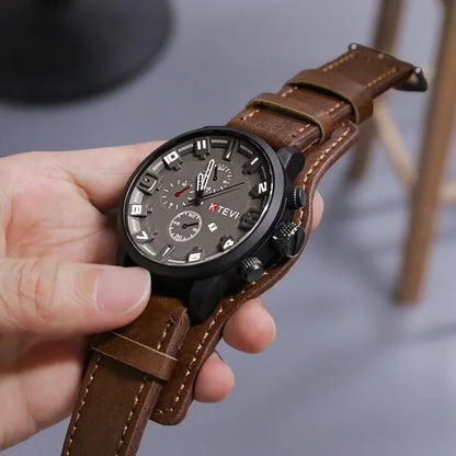 Retro Military Leather Watch for Men Big Dial Quartz Business Wristwatch with Calendar