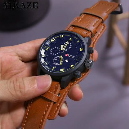 Retro Military Leather Watch for Men Big Dial Quartz Business Wristwatch with Calendar