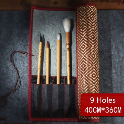 Bamboo Brush Roll Up Pouch Calligraphy Brush Holder Large Capacity Art Supplies Organizer