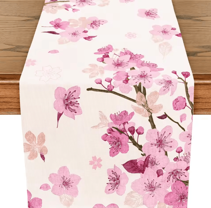 Cherry Blossom Linen Table Runner – Elegant Floral Table Decor for Spring, Wedding & Dining