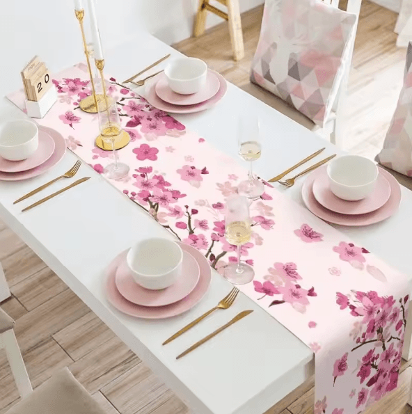 Cherry Blossom Linen Table Runner – Elegant Floral Table Decor for Spring, Wedding & Dining