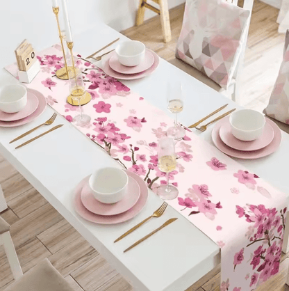 Cherry Blossom Linen Table Runner – Elegant Floral Table Decor for Spring, Wedding & Dining