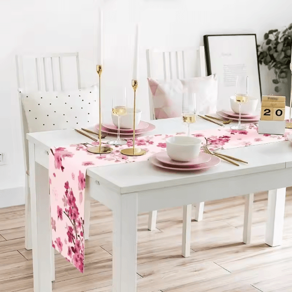 Cherry Blossom Linen Table Runner – Elegant Floral Table Decor for Spring, Wedding & Dining