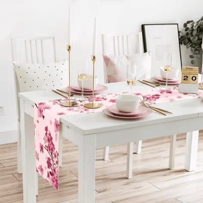 Cherry Blossom Linen Table Runner – Elegant Floral Table Decor for Spring, Wedding & Dining