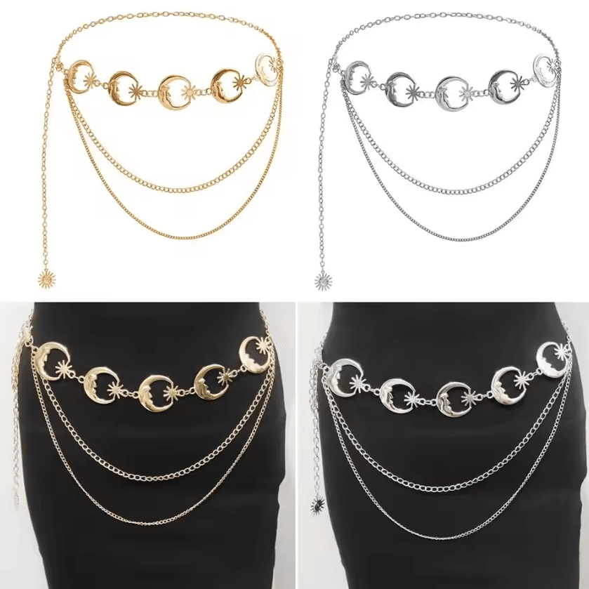 LunaEdge Punk Moon Waist Chain Belt – Layered Vintage Hip Hop Metal Body Chain