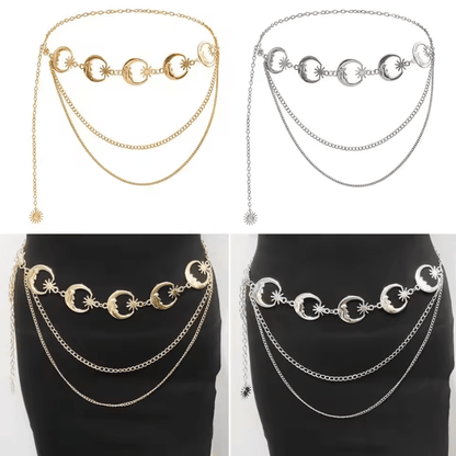 LunaEdge Punk Moon Waist Chain Belt – Layered Vintage Hip Hop Metal Body Chain