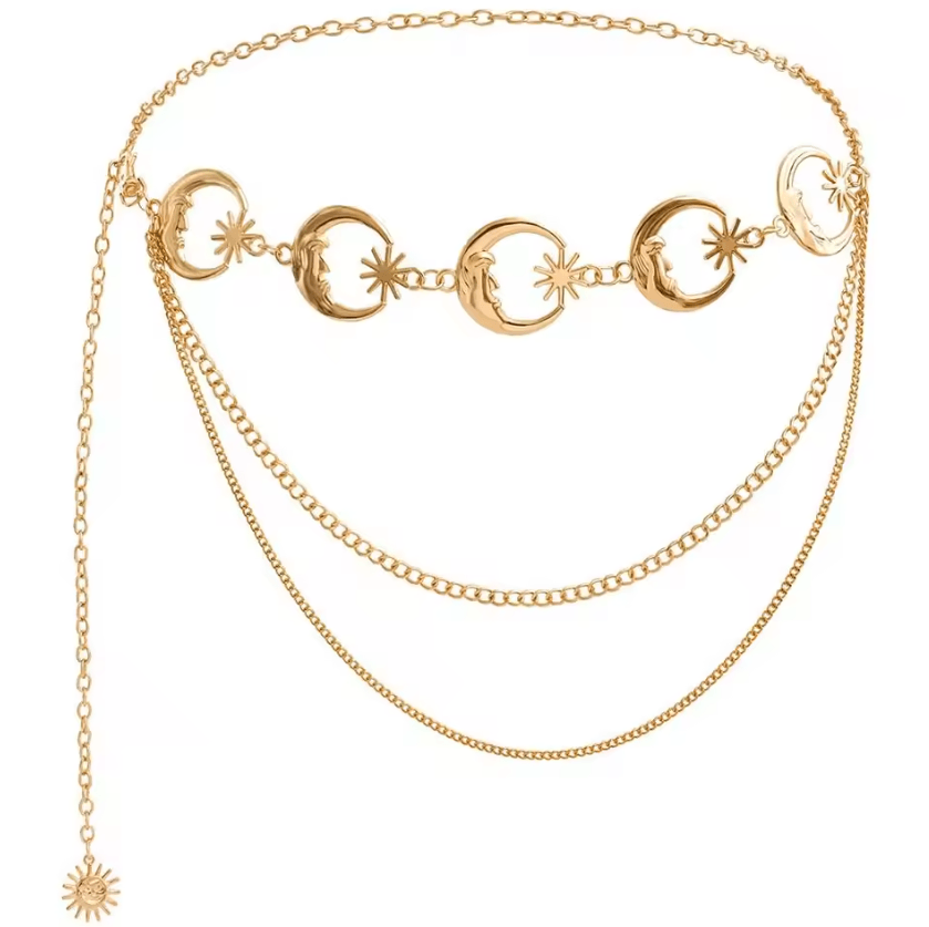 LunaEdge Punk Moon Waist Chain Belt – Layered Vintage Hip Hop Metal Body Chain