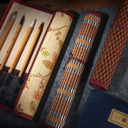 Bamboo Roll Up Calligraphy Brush Holder Case