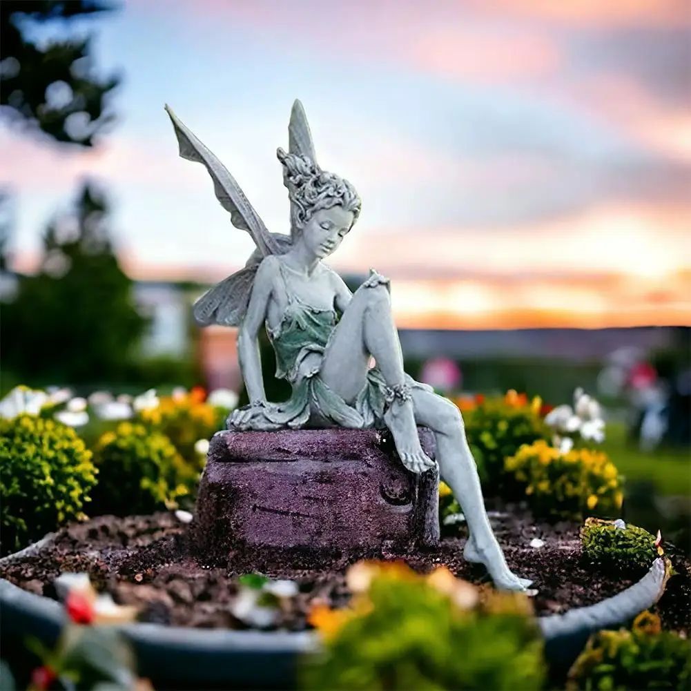 Flute Playing Fairy Garden Statue – Angel Resin Outdoor Lawn Sculpture Decor
