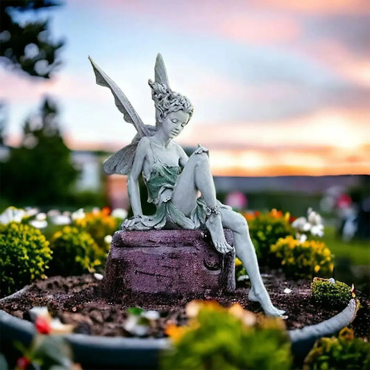 Flute Playing Fairy Garden Statue – Angel Resin Outdoor Lawn Sculpture Decor