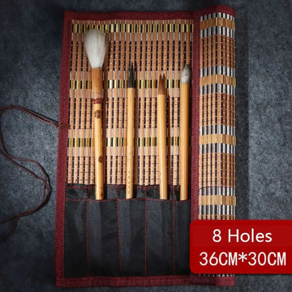 Vintage Bamboo Calligraphy Brush Holder Roll – Large Capacity Art Supplies Organizer