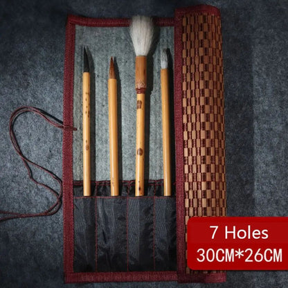 Vintage Bamboo Calligraphy Brush Holder Roll – Large Capacity Art Supplies Organizer