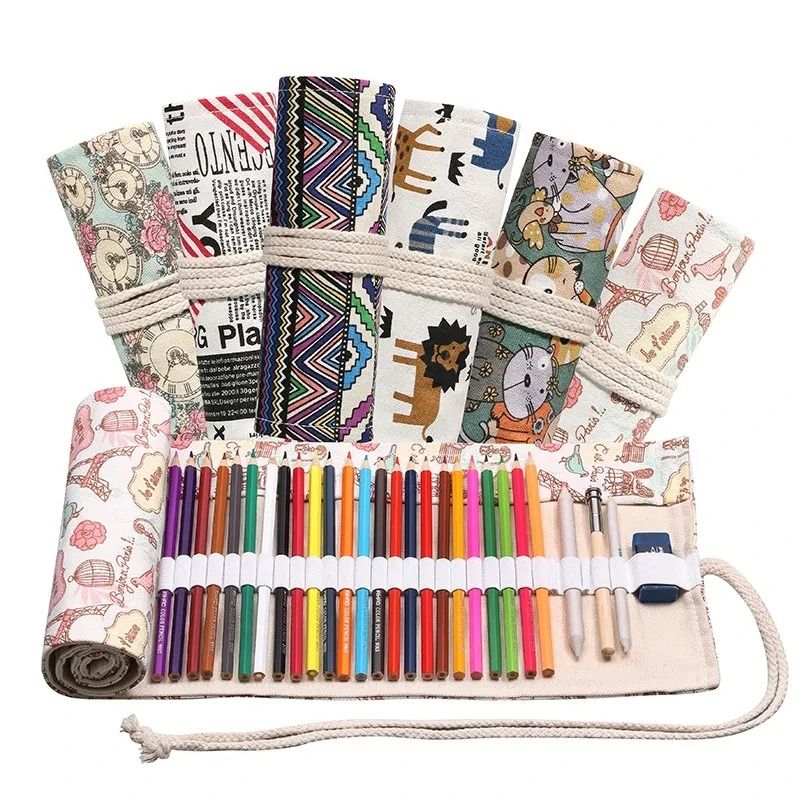 Canvas Roll Up Pencil Case with 12 Slots for Organized School and Art Supplies