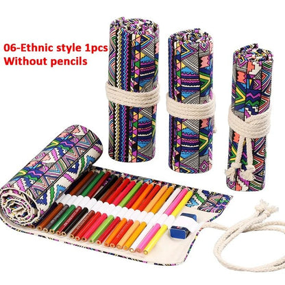 Canvas Roll Up Pencil Case with 12 Slots for Organized School and Art Supplies