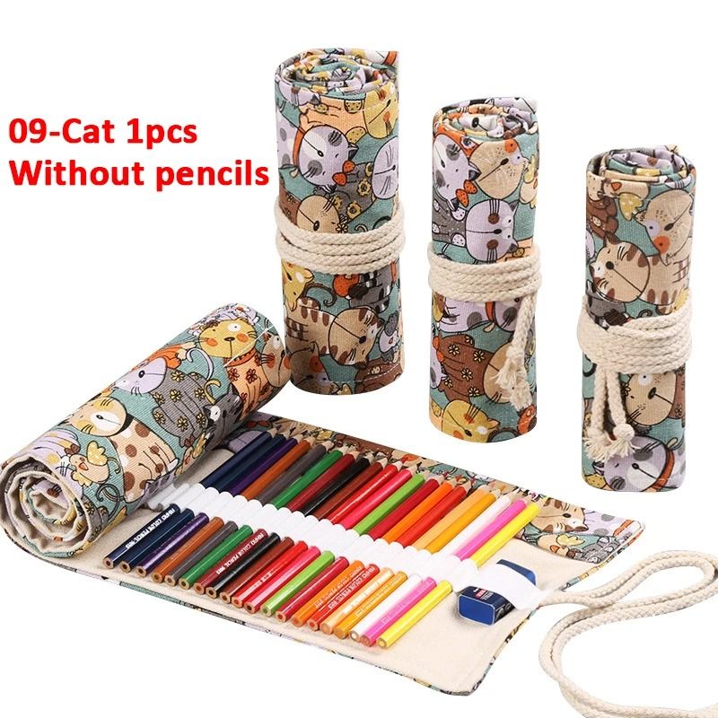 Canvas Roll Up Pencil Case with 12 Slots for Organized School and Art Supplies