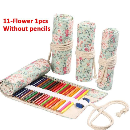 Canvas Roll Up Pencil Case with 12 Slots for Organized School and Art Supplies