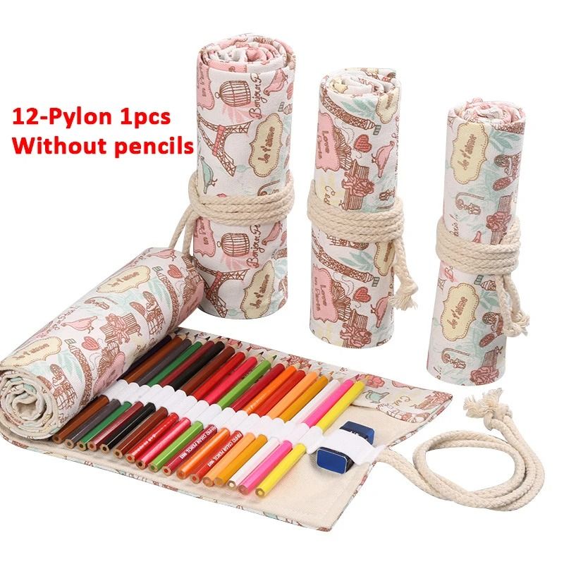 Canvas Roll Up Pencil Case with 12 Slots for Organized School and Art Supplies