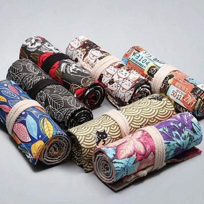 Canvas Roll Up Pencil Case with 12 Slots for Organized School and Art Supplies