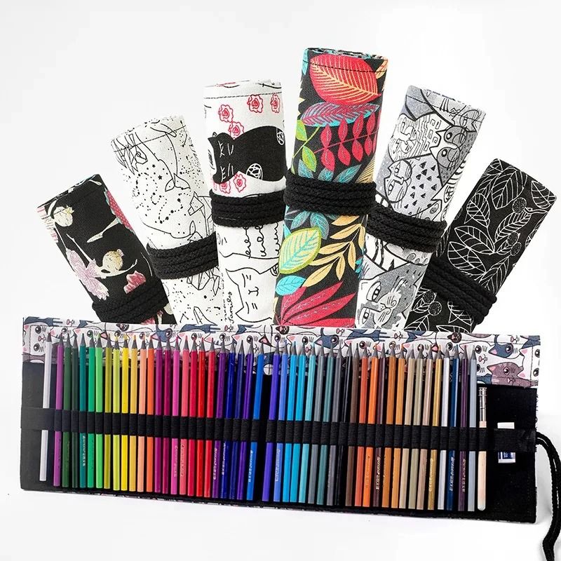 Canvas Roll Up Pencil Case with 12 Slots for Organized School and Art Supplies