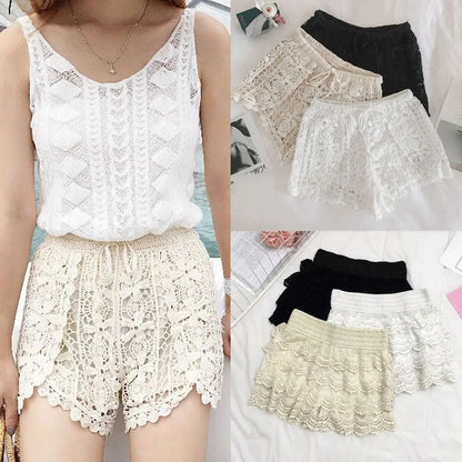 Boho Crochet High Waist Summer Shorts with Lace-Up Detail