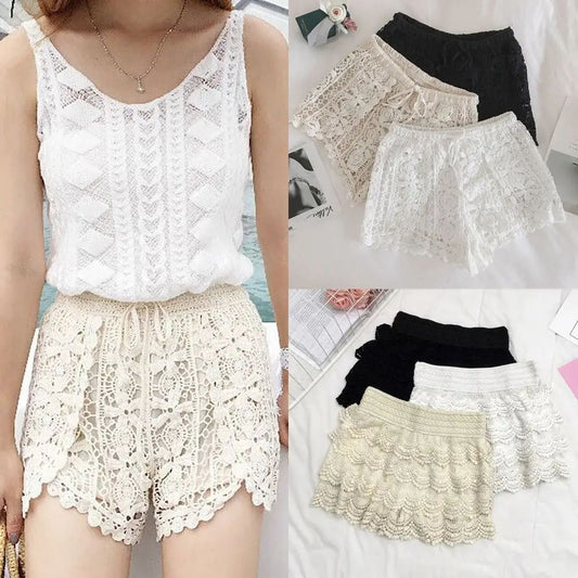 Boho Crochet High Waist Summer Shorts with Lace-Up Detail