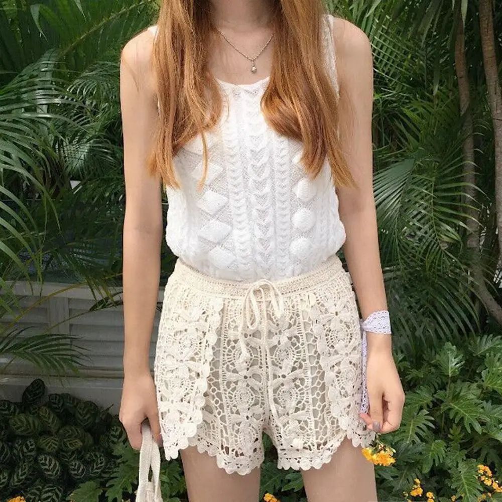 Boho Crochet High Waist Summer Shorts with Lace-Up Detail