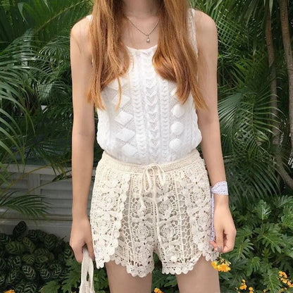 Boho Crochet High Waist Summer Shorts with Lace-Up Detail