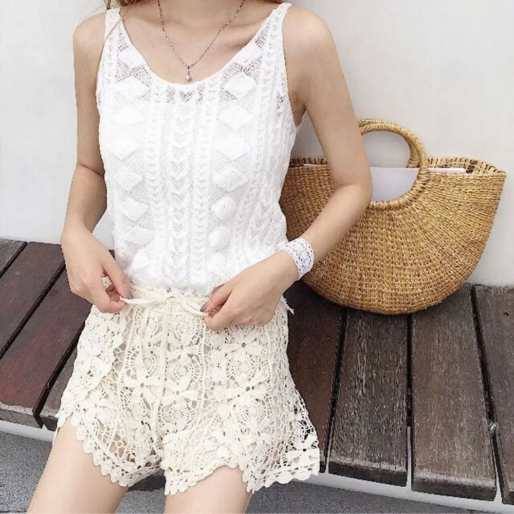 Boho Crochet High Waist Summer Shorts with Lace-Up Detail