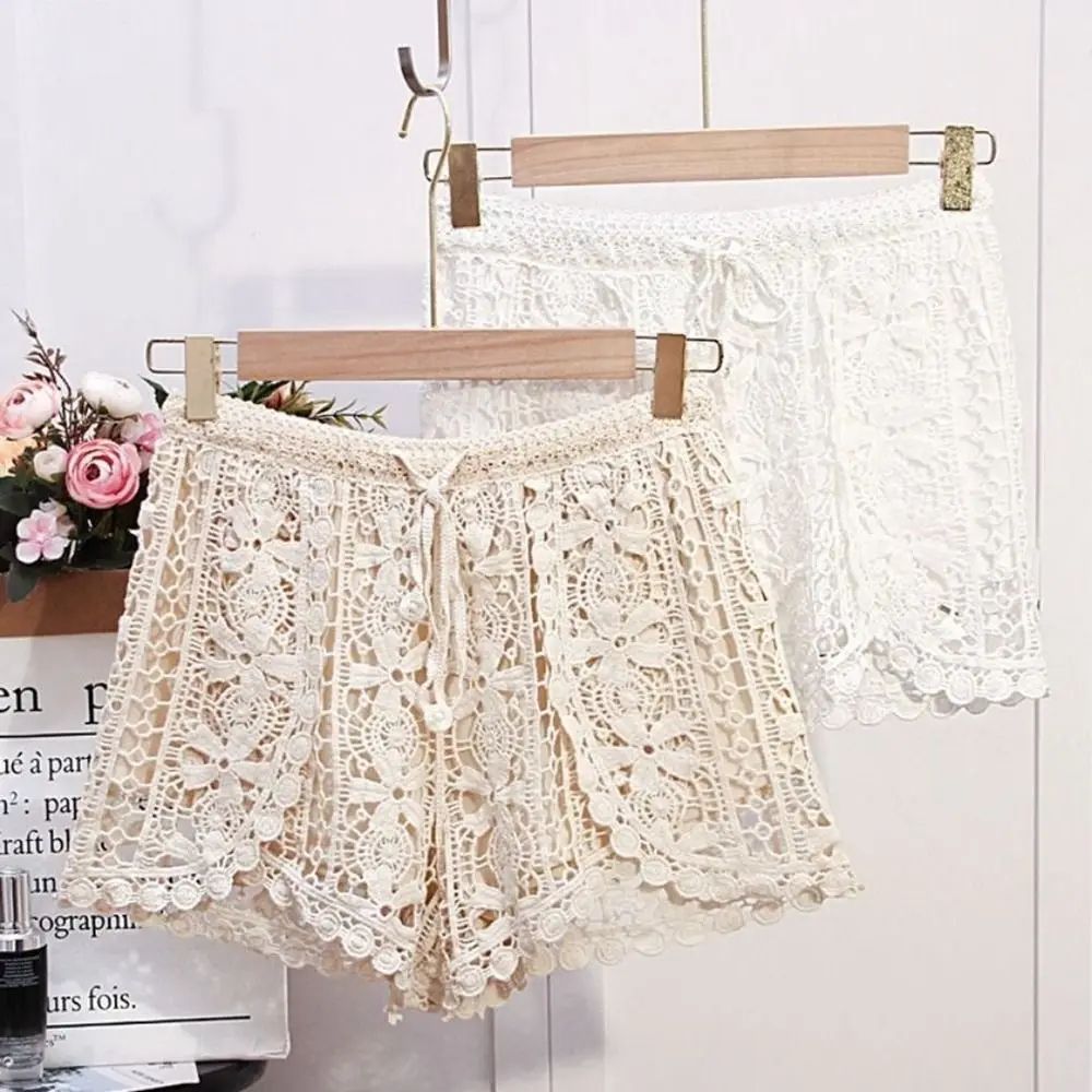 Boho Crochet High Waist Summer Shorts with Lace-Up Detail