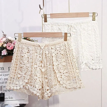 Boho Crochet High Waist Summer Shorts with Lace-Up Detail