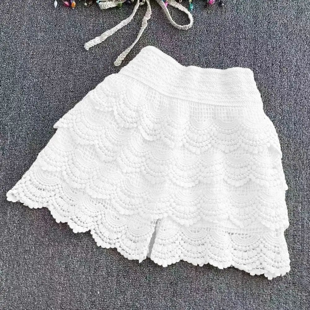 Boho Crochet High Waist Summer Shorts with Lace-Up Detail