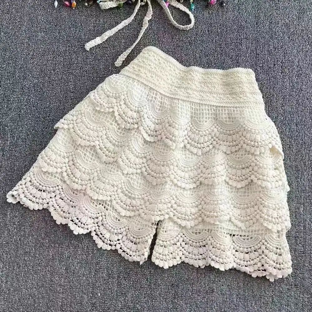 Boho Crochet High Waist Summer Shorts with Lace-Up Detail