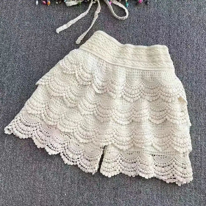 Boho Crochet High Waist Summer Shorts with Lace-Up Detail