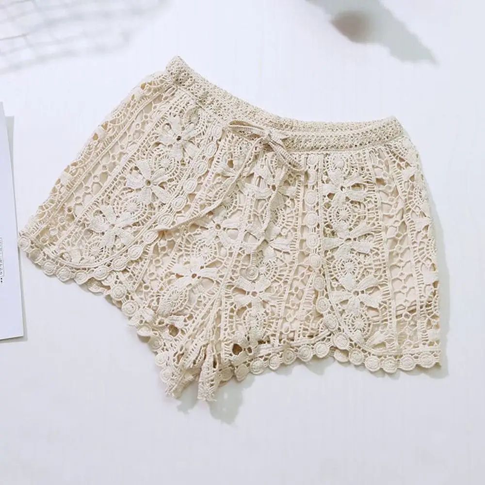 Boho Crochet High Waist Summer Shorts with Lace-Up Detail