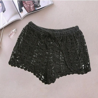 Boho Crochet High Waist Summer Shorts with Lace-Up Detail