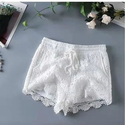 Boho Crochet High Waist Summer Shorts with Lace-Up Detail