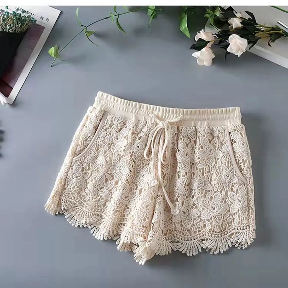 Boho Crochet High Waist Summer Shorts with Lace-Up Detail