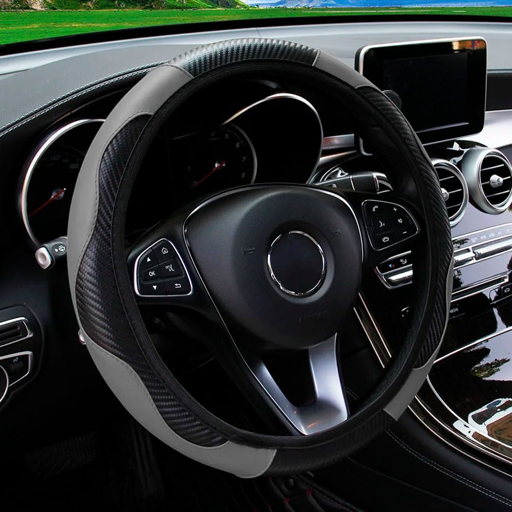 Carbon Fiber Leather Steering Wheel Cover Universal Anti Slip Grip for 14.5 to 15 Inch Wheels