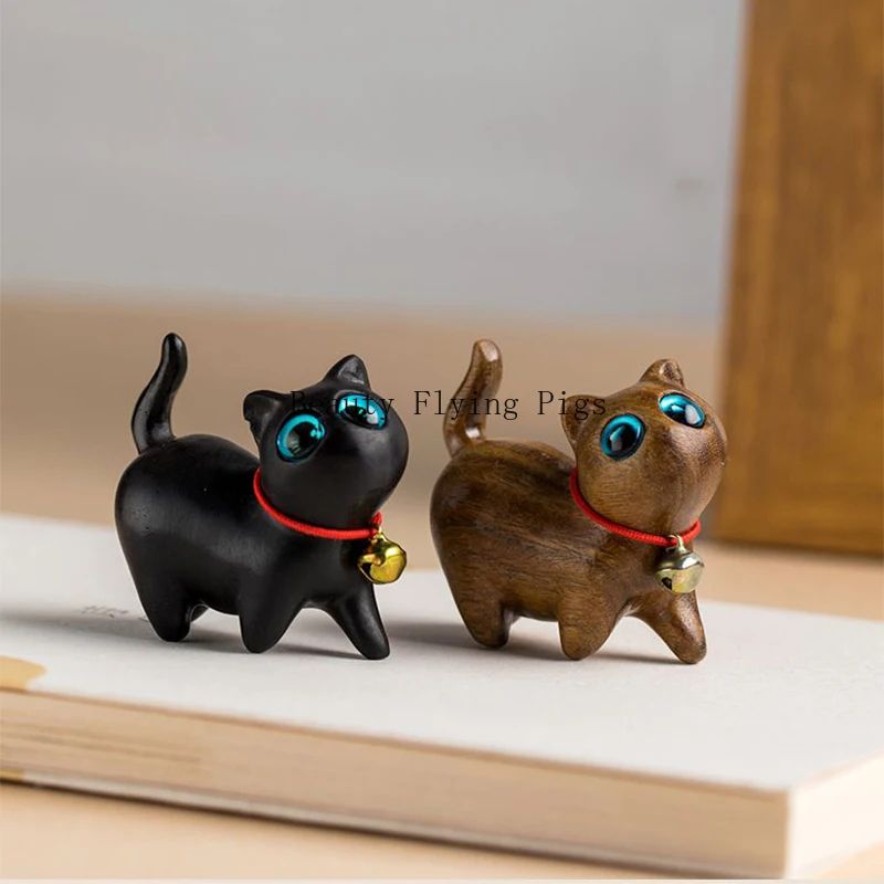 Whittle Charm Mini Wooden Cat Figurine – Hand-Carved Natural Wood Animal Decor with Bell