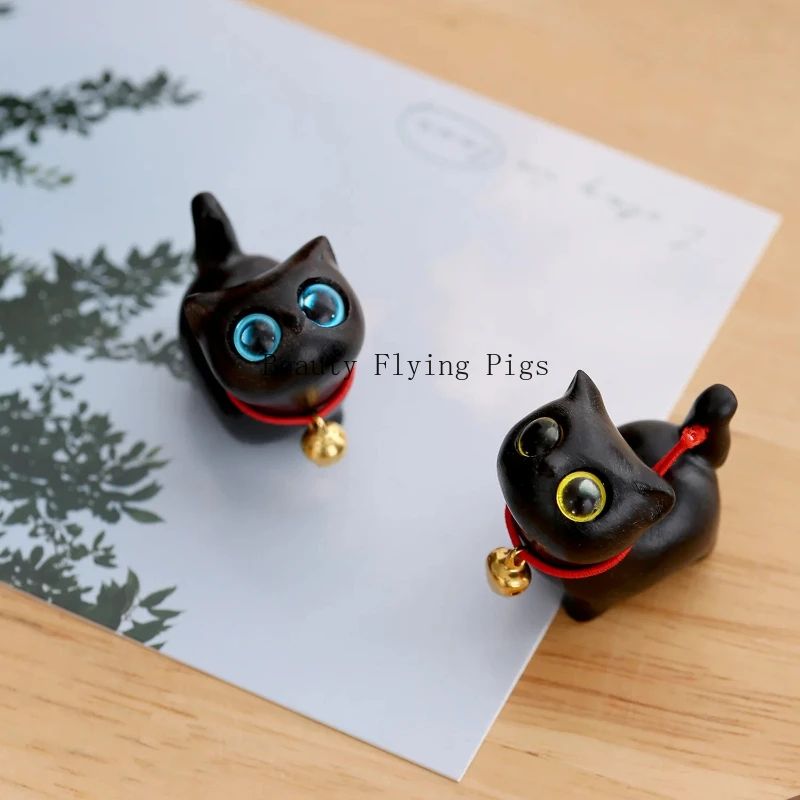Whittle Charm Mini Wooden Cat Figurine – Hand-Carved Natural Wood Animal Decor with Bell