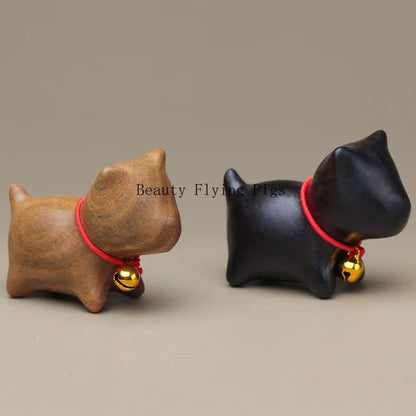 Whittle Charm Mini Wooden Cat Figurine – Hand-Carved Natural Wood Animal Decor with Bell