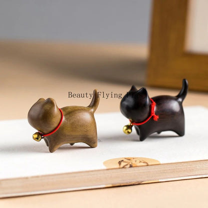 Whittle Charm Mini Wooden Cat Figurine – Hand-Carved Natural Wood Animal Decor with Bell