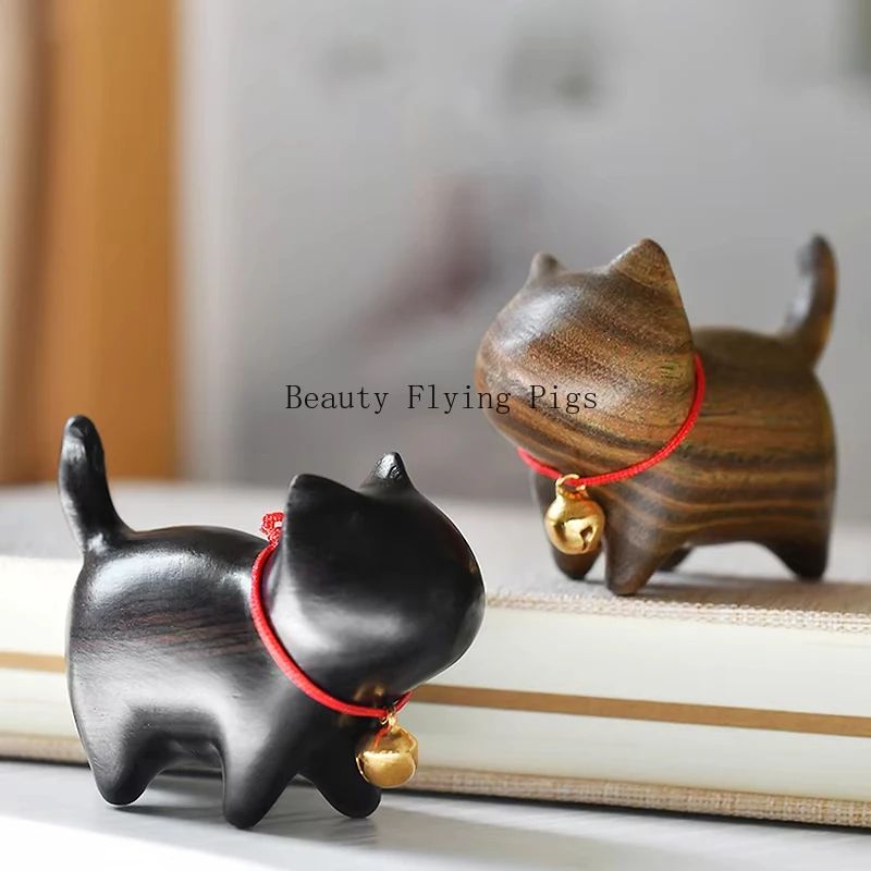 Whittle Charm Mini Wooden Cat Figurine – Hand-Carved Natural Wood Animal Decor with Bell