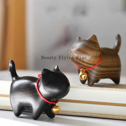Whittle Charm Mini Wooden Cat Figurine – Hand-Carved Natural Wood Animal Decor with Bell