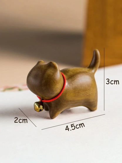 Whittle Charm Mini Wooden Cat Figurine – Hand-Carved Natural Wood Animal Decor with Bell