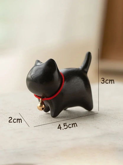 Whittle Charm Mini Wooden Cat Figurine – Hand-Carved Natural Wood Animal Decor with Bell