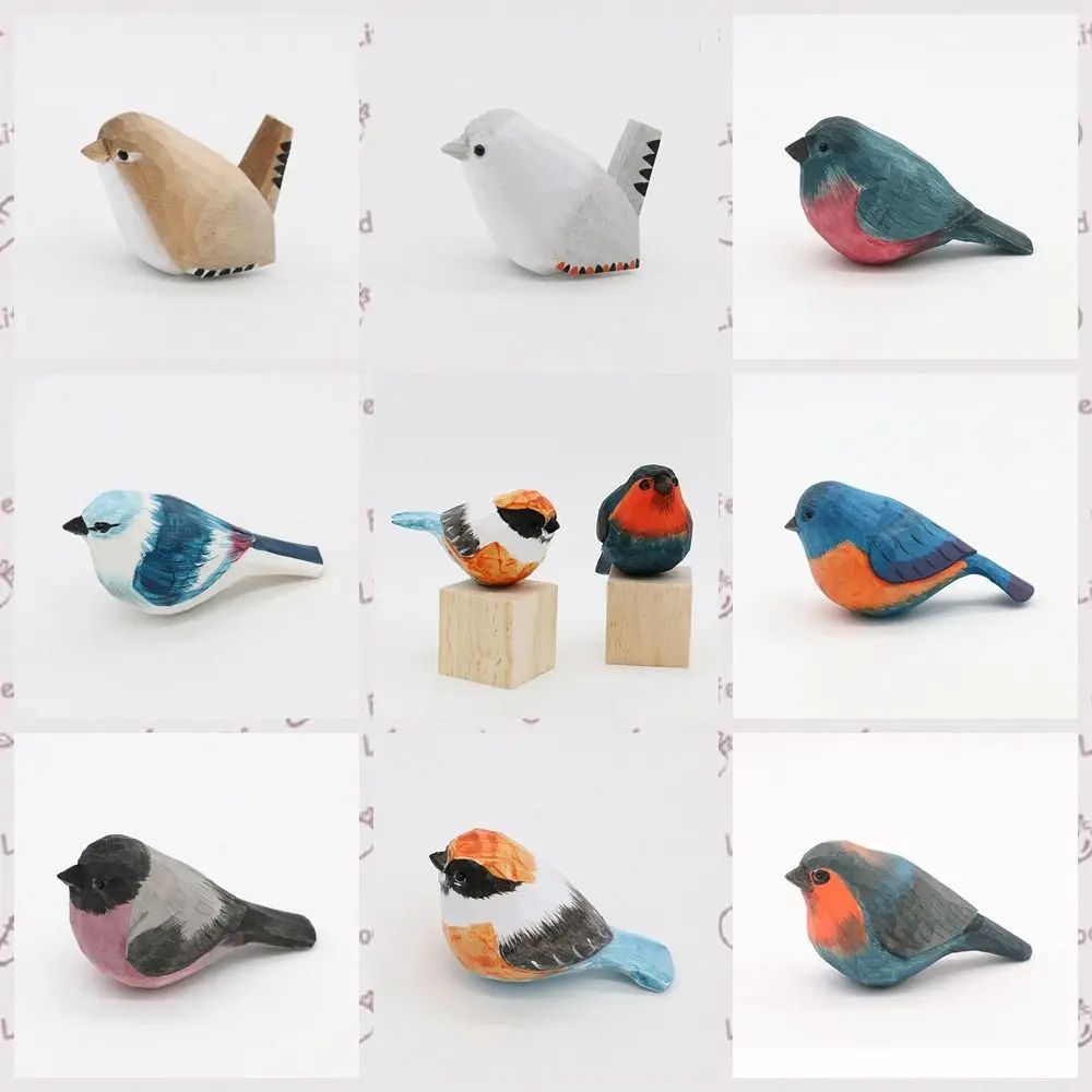 Handmade Wooden Bird Figurine – Nordic Style Hand-Carved Basswood Bird Decor Gift