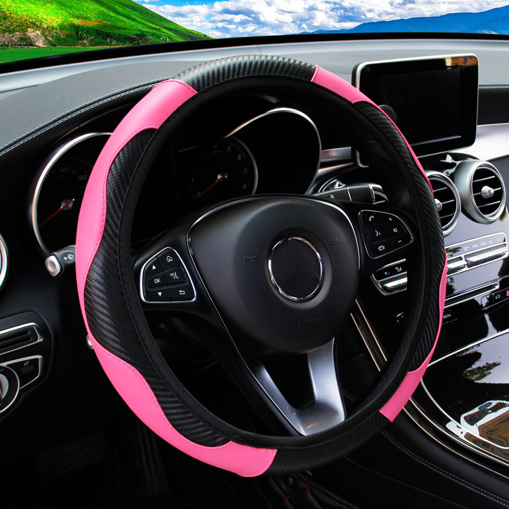 Carbon Fiber PU Leather Steering Wheel Cover Anti Slip Grip