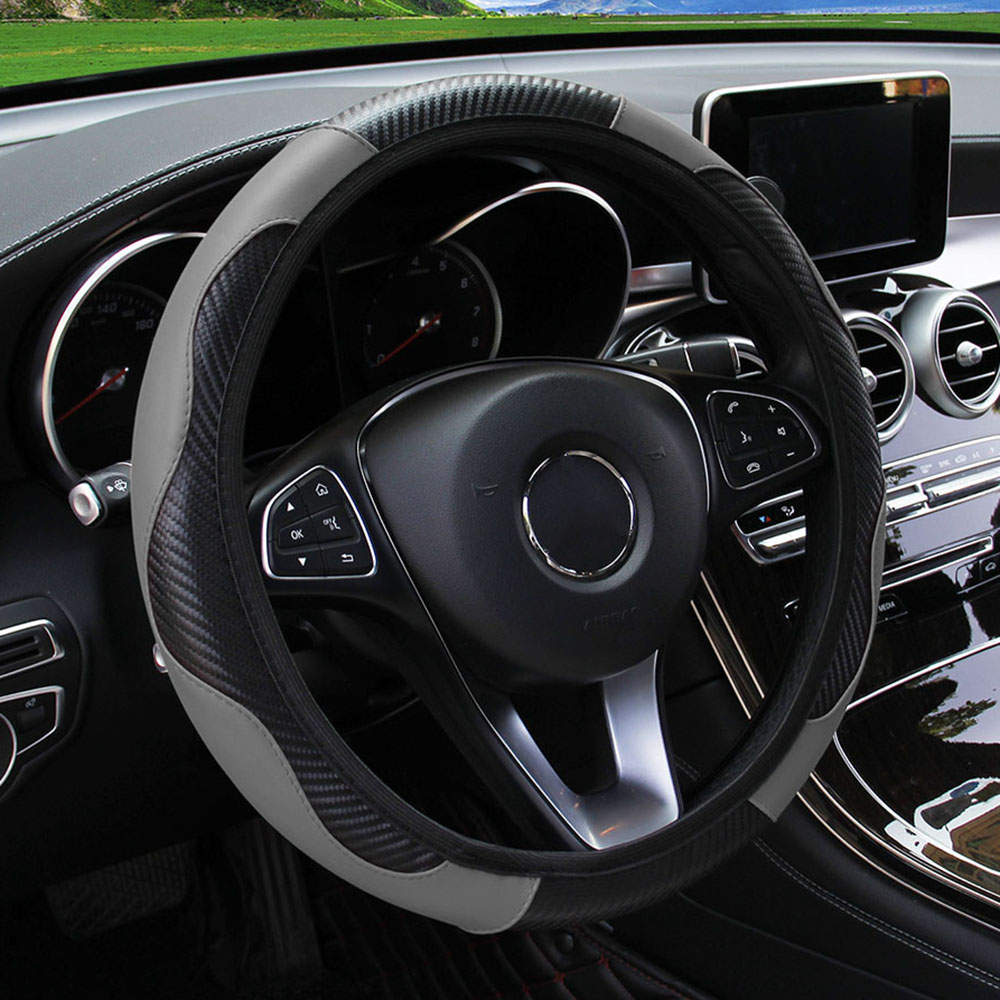 Carbon Fiber PU Leather Steering Wheel Cover Anti Slip Grip